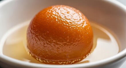 Sweet Delights: A close-up showcases a single, glistening Gulab Jamun, a classic Indian dessert, gently nestled in a pool of syrup. Capturing the dessert's delightful texture and irresistible appeal.