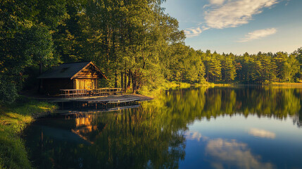 Obraz premium The calm lake and the gentle sounds of the forest create the perfect retreat. How do you spend your time here, immersed in the tranquility of natureâ€™s embrace?