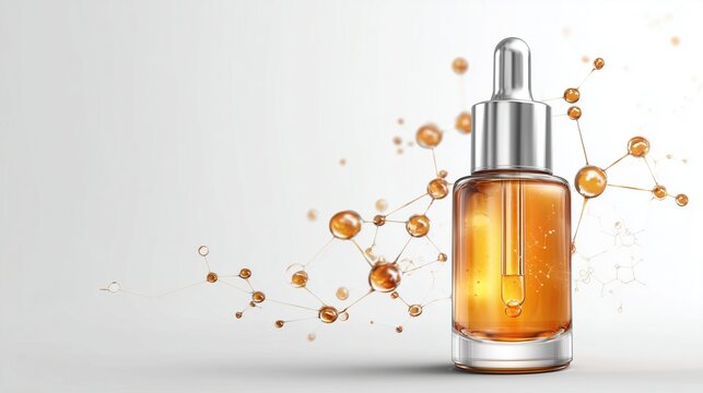 Serum bottle with molecular structure symbolizes advanced skin hydration and rejuvenation.