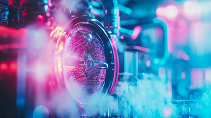 Futuristic industrial mechanism bathed in glowing magenta and electric blue light, featuring detailed central wheel with granular texture and plumes of illuminated mist, representing cutting-edge inno