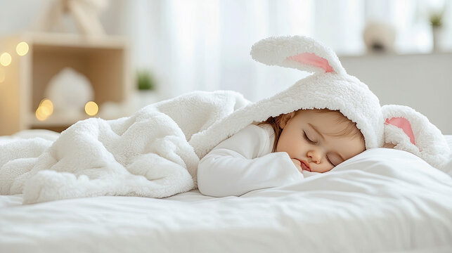 Adorable baby in white fluffy bunny costume sleeping peacefully on soft bed, surrounded by warm, serene bedroom ambiance with gentle bokeh lights