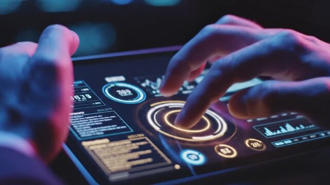 Hands on futuristic glowing touchscreen interface with data and controls, representing advanced technology and digital innovation.