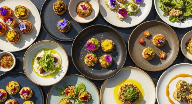 Assortment Of Elegant Appetizers And Small Bites With Edible Flowers food canap?s