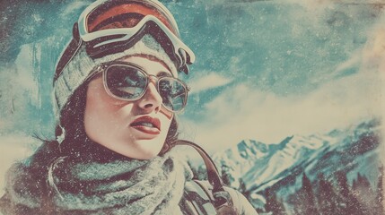 A vintage-style woman in ski gear, exuding retro elegance on snowy slopes.