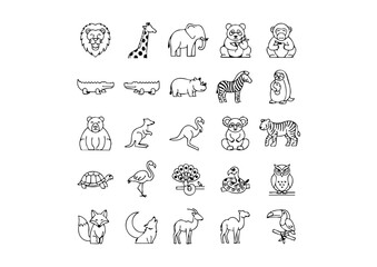 Zoo and Wildlife Vector Icons: Animal Line Art Elements, Black & White Safari and Zoo Iconography Set, Minimalist Thick Line Animal Icons Collection