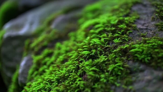 Artistic macro photograph of lush green moss (Bryophyta) growing on stone surface with beautiful shallow depth of field. Detailed close-up showcasing the delicate texture and vibrant emerald color of 
