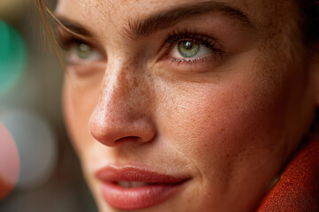 Close Up Portrait of Freckled Girl with Green Eyes