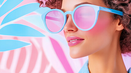 Close-up of person with curly hair wearing stylish light blue sunglasses with vibrant pink lenses, set against playful pastel pink and blue abstract background, exuding trendy summer vibe.