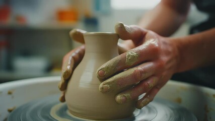 Macro of potter’s hands shaping clay on spinning wheel, wet glistening texture, artisanal craft process
