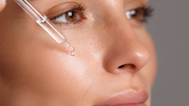 Close-up of a dropper applying retinol serum on a woman's face, symbolizing skincare and rejuvenation.
