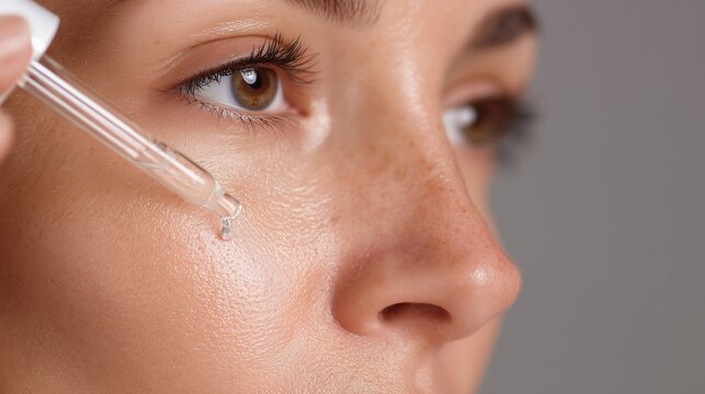 Close-up of a woman applying retinol serum with a dropper for a natural skin glow.