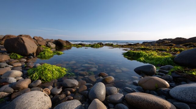 A serene coastal tide pool reflects the clear blue sky amidst wet pebbles and green seaweed on a rocky shore at dawn