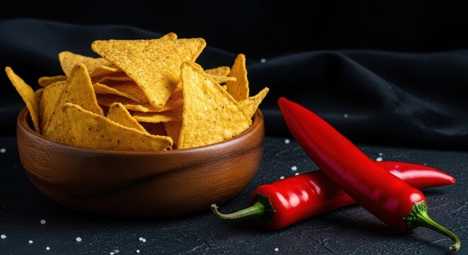 Bowl of Tortilla Chips with Red Chili Peppers on a Dark Surface nachos corn chips