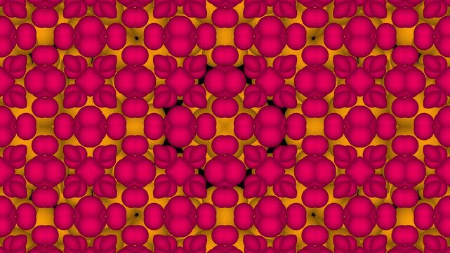A vibrant abstract pattern formed by magenta and gold 3D spheres arranged in a soft symmetrical design.