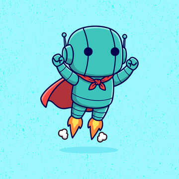 Cute cartoon robot in cyan color flying with a red cape in flat vector style. Perfect for kids&rsquo; illustrations, futuristic posters, and fun superhero-themed designs.