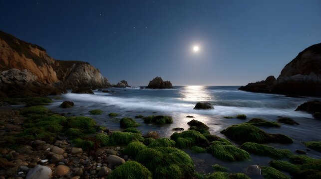 Moonlit ocean waves crash against a rocky shore covered in green moss under a starry night sky