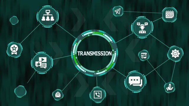 Digital transmission network visualization displaying interconnected communication nodes, circular transfer hub, and advanced data-exchange pathways for modern technology systems.