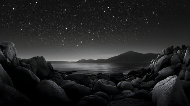 A serene rugged coastline under a vast starlit night sky with gentle reflections on the calm water and silhouetted distant hills