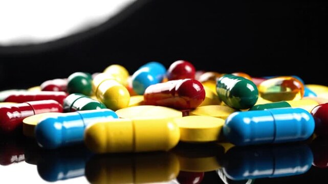 Vibrant pile of medical pills and capsules on dark reflective background, representing healthcare and pharmacy