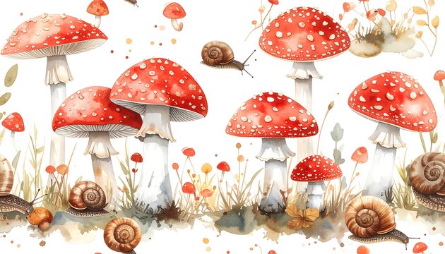 Enchanting Watercolor Forest Floor with Amanita Muscaria Mushrooms and Snails.