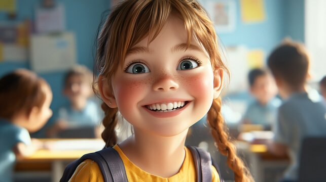 Joyful girl laughing in primary school classroom