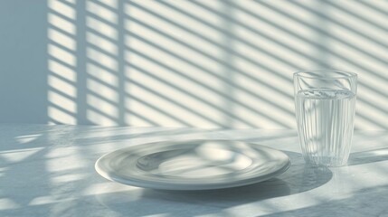 Empty plate and glass symbolize fasting and simplicity in a serene setting.