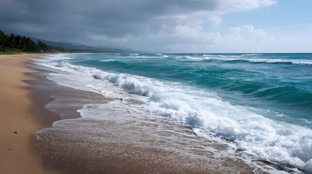 Dramatic turquoise waves crash onto a sandy beach under a moody overcast sky at dawn