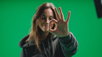 A young woman is making an 'OK' gesture with her hand against a vibrant green screen background. The woman confidently displays the 'OK' gesture amid the bright green backdrop.