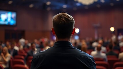 Fototapeta premium attendee. A lone attendee in a conference setting, with soft stage lighting highlighting the scene. pitch deck slides.