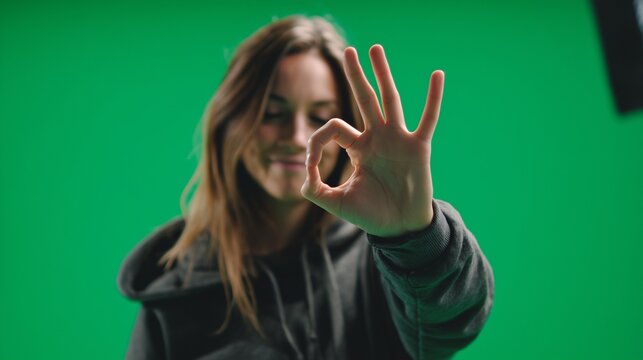 A young woman is making an 'OK' gesture with her hand against a vibrant green screen background. The woman confidently displays the 'OK' gesture amid the bright green backdrop.