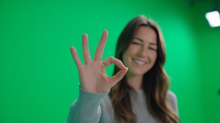 A young woman is confidently making an 'OK' gesture with her hand against a vivid green screen background. The green screen emphasizes the woman's 'OK' gesture in the scene.