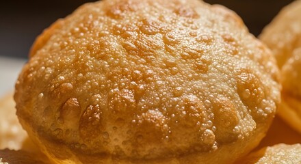 Puffed Perfection: An alluring close-up captures a golden-brown, crispy puffed bread, its textures inviting, and its essence a culinary delight.
