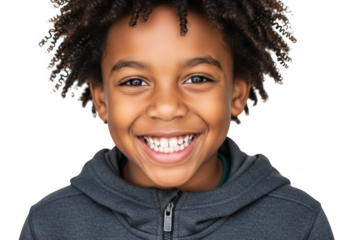 Joyful young boy with curly hair smiling brightly in a hoodie transparent background