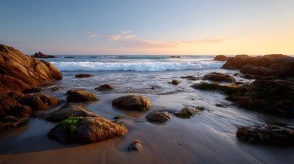 A serene rocky shoreline with gentle waves crashing during a golden hour sunset