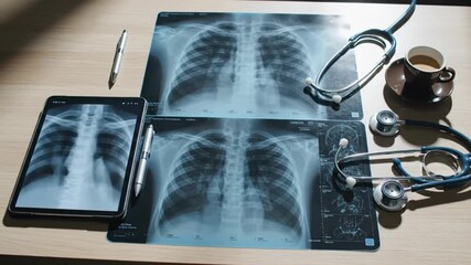Healthcare professional's desk with chest X-rays, stethoscopes, and tablet for medical diagnosis - Powered by Adobe