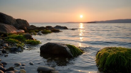 A tranquil sunset casts a warm golden glow over a rocky shoreline with calm water gently lapping at seaweed covered stones