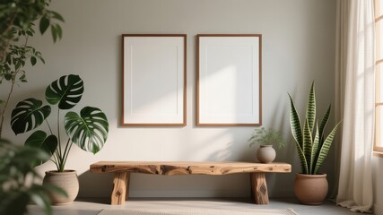 Fototapeta premium Poster frame mockup resting above wooden bench in cozy minimalist living room with natural light