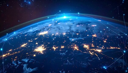 Earth from space, glowing cities, blue atmosphere, connecting network lines overlay, stars background
