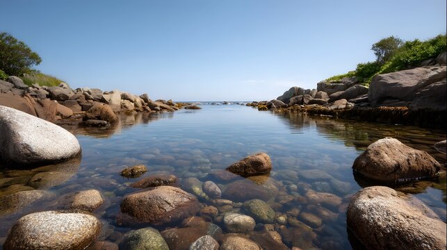A tranquil rocky shoreline with clear tide pools under a bright blue sky