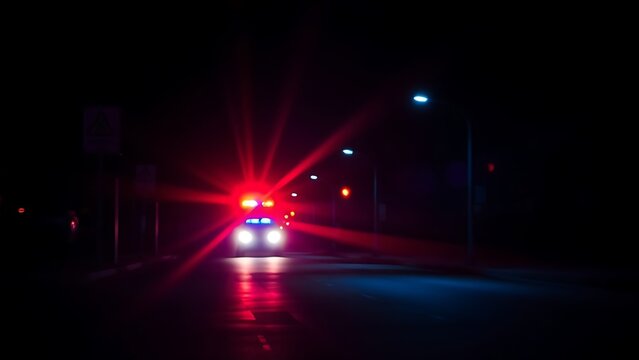 fracas. Emergency vehicle lights cast abstract blue and red patterns on a dark, atmospheric street at night. mobility guides, transit brochures, designed for mobility and urban transit guides.