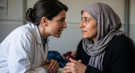 Fototapeta premium Doctor comforting refugee woman, humanitarian photojournalism