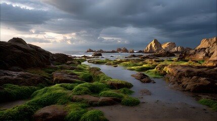 Dramatic rocky coastline with green mossy tide pools under a moody cloudy sky