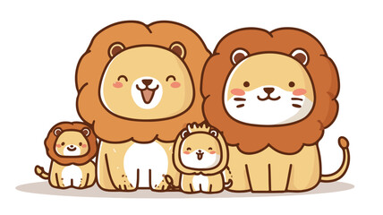 Cute Kawaii Lion Family and Baby Cartoon Characters Vector Illustration