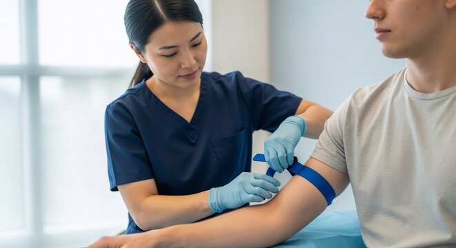 Nurse preparing to draw blood from patient in clinical environment  