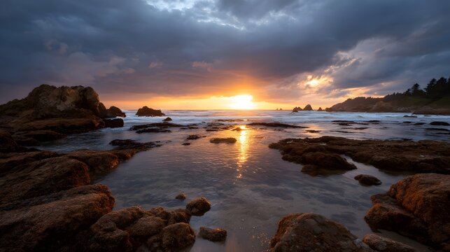 A dramatic sunset bathes a rugged rock strewn coastline in golden light with calm tide pools mirroring the vibrant sky