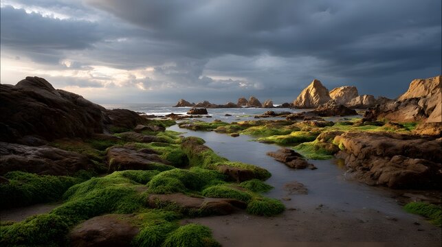Dramatic rocky coastline with green mossy tide pools under a moody cloudy sky