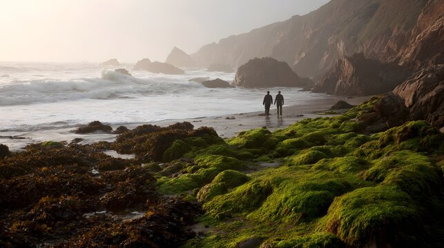 A couple walks along a misty rugged coastline with waves crashing on the shore and seaweed in the foreground - Powered by Adobe