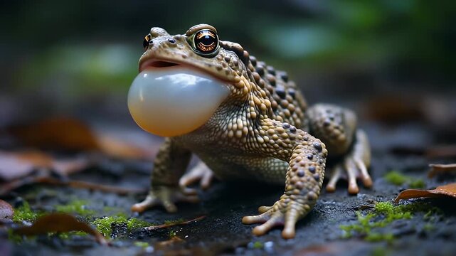 Hyper‑realistic common toad sitting on moist ground, detailed warty skin and bright eyes, shallow depth of field wildlife macro
