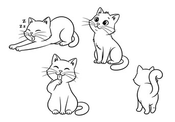 Four line art drawings of cats in different poses stretching sitting licking paw and from behind