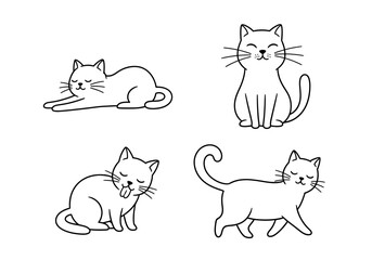 Four simple blackandwhite line drawings of cats in various poses